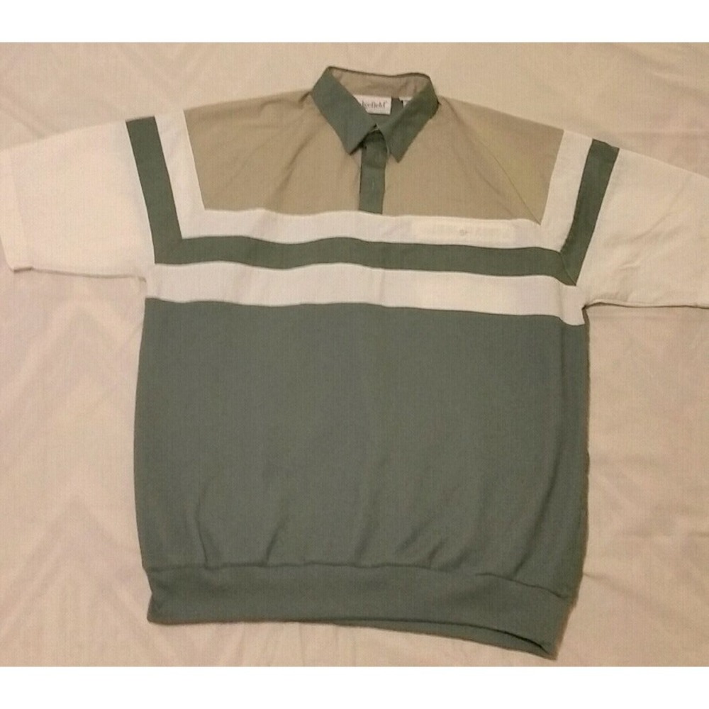 Sedgefield Men's Large Short Sleeve Green Tan Polo Fitted/Elastic Bottom 80s/90s